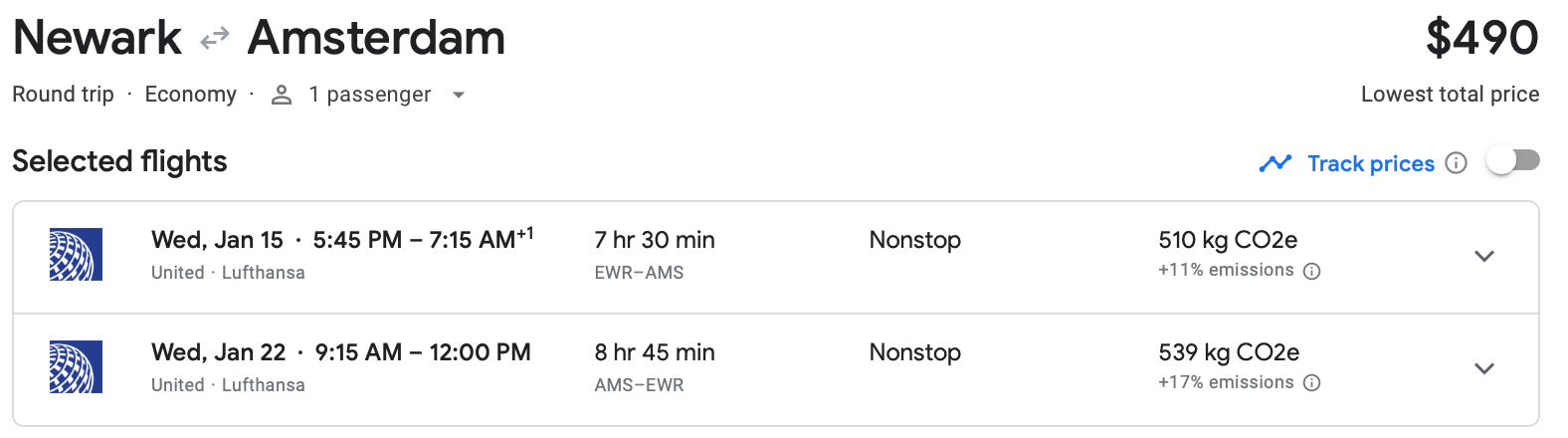 Cost of round-trip flight between Newark and Amsterdam on United