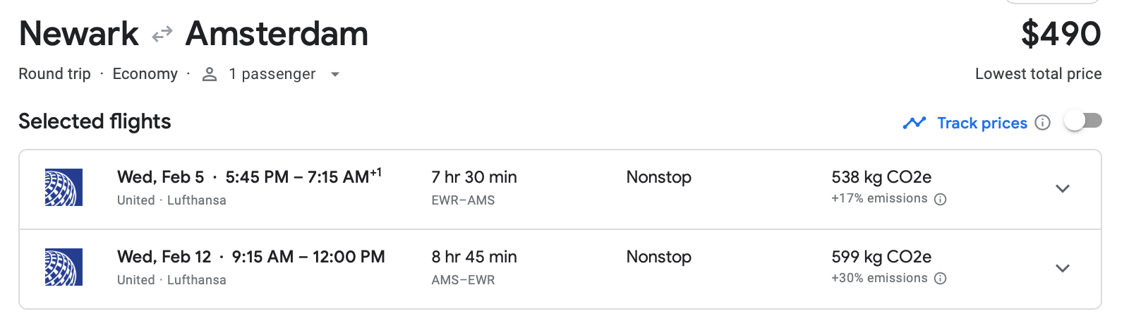 Cost of round-trip flight between Newark and Amsterdam on United