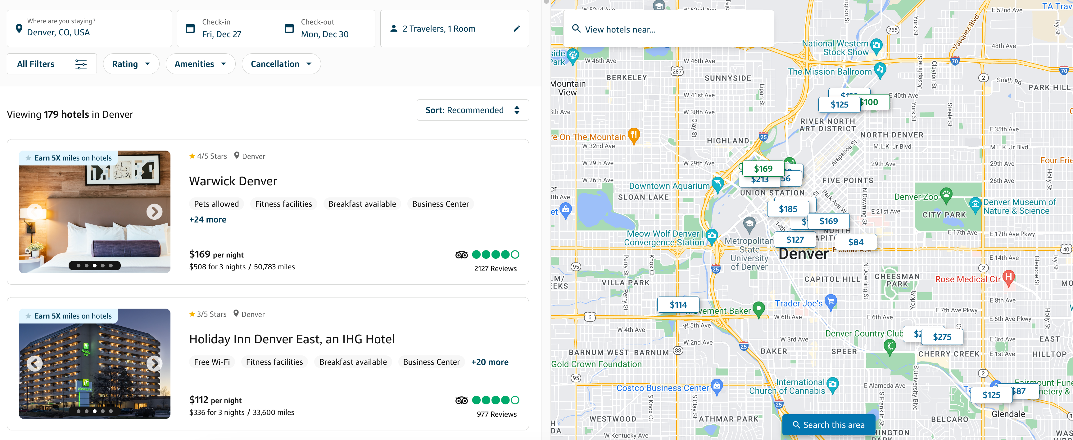 Capital One travel portal hotel list and map