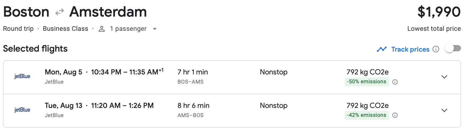 Google Flights estimate of roundtrip flight between Boston and Amsterdam on JetBlue