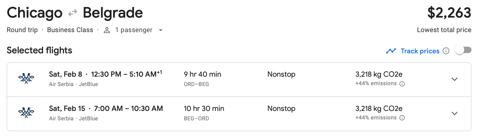 Google Flights estimate of roundtrip flight between Chicago and Belgrade on Air Serbia