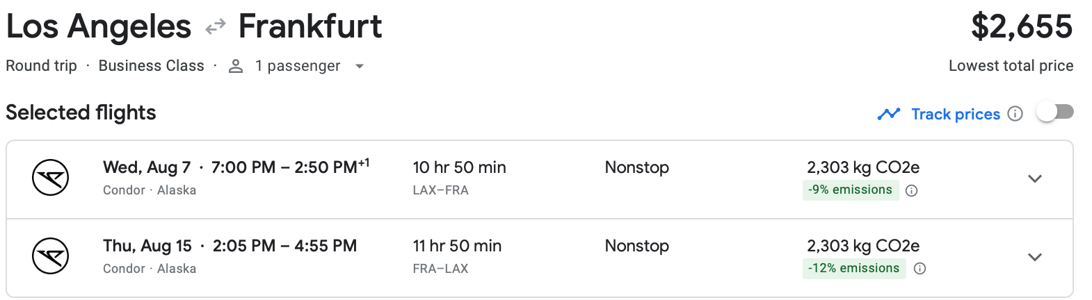 Google Flights estimate of roundtrip flight between Los Angeles and Frankfurt on Condor and Alaska Airlines