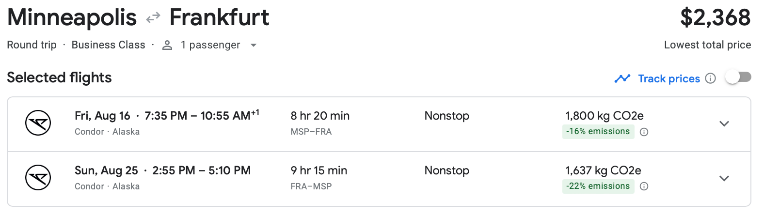 Google Flights estimate of roundtrip flight between Minneapolis and Frankfurt on Condor and Alaska Airlines