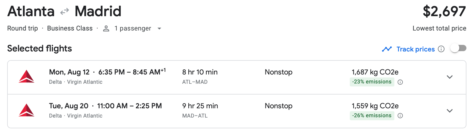 Google Flights estimate of roundtrip flight between Atlanta and Madrid on Delta and Virgin Atlantic