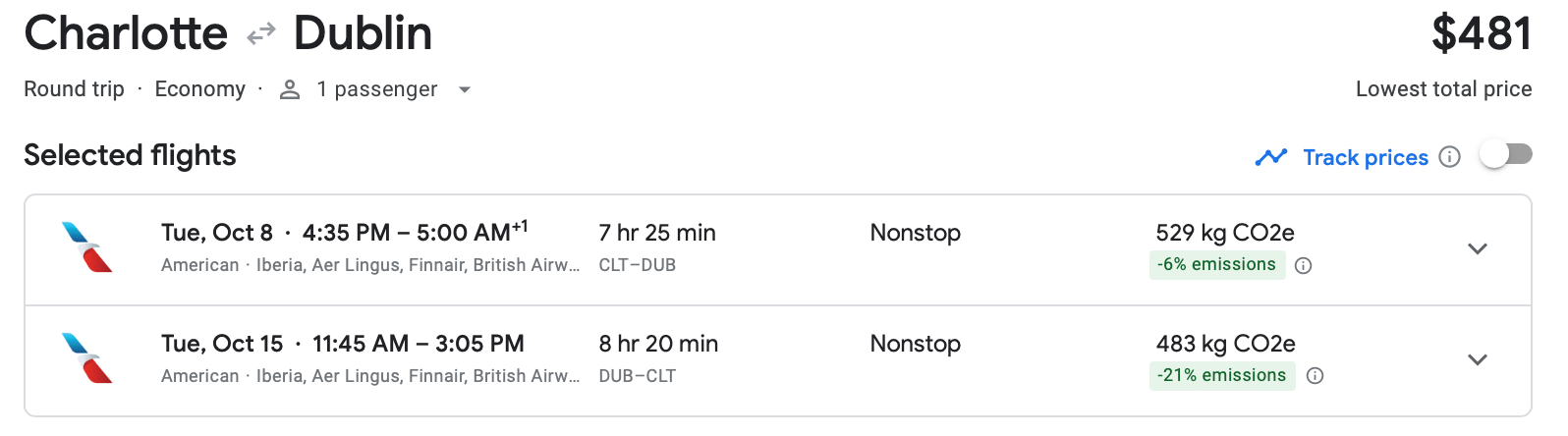 google flights charlotte to dublin