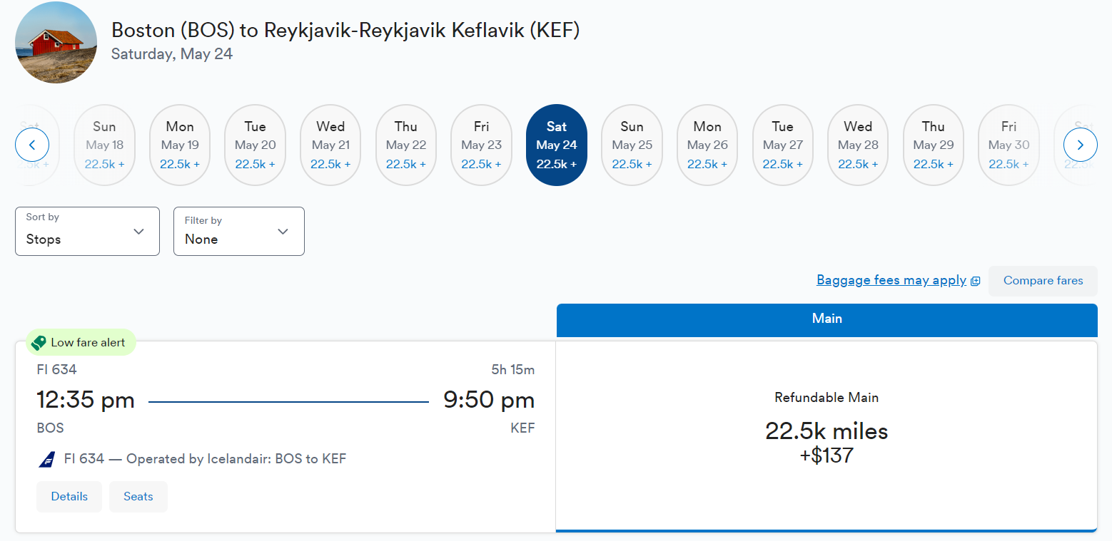 Cash and points cost of a roundtrip flight from Boston to Reykjavik