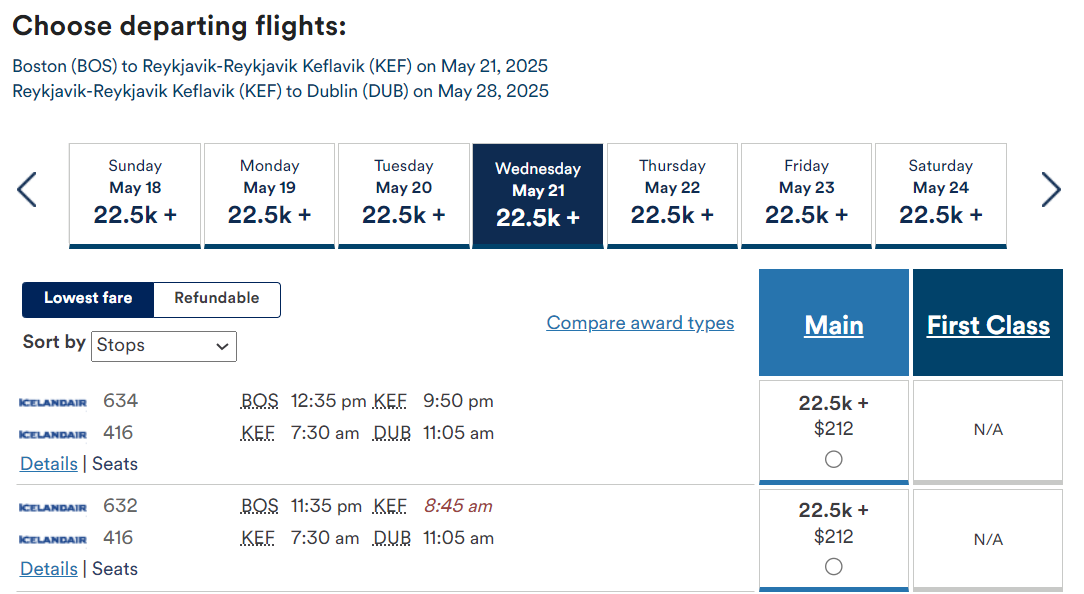 Cash and points cost of a roundtrip flight from Boston to Reykjavik