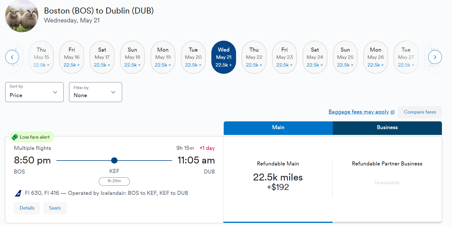 Cash and points cost of a roundtrip flight from Boston to Dublin