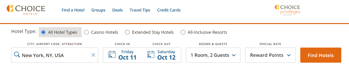 Redeem Choice points for a hotel stay