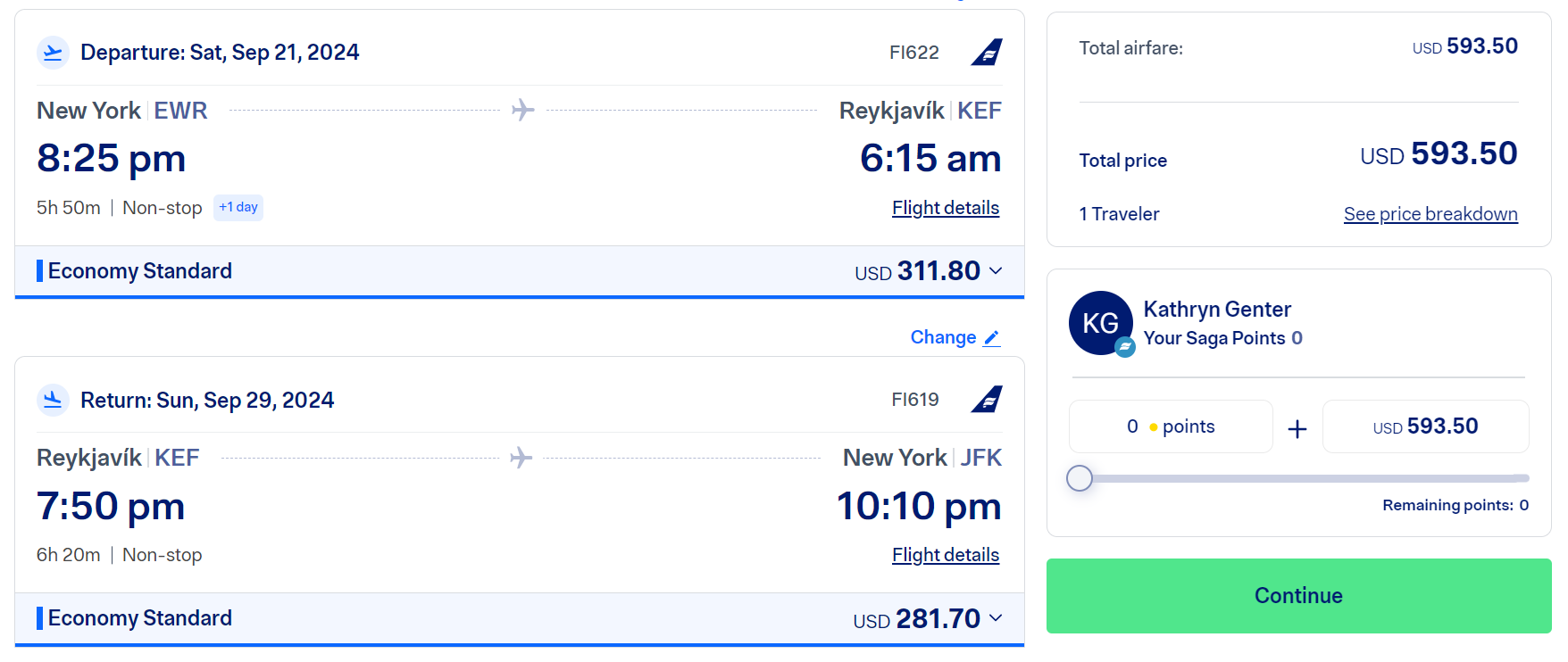 Cash cost of a roundtrip flight from New York City to Reykjavik, Iceland