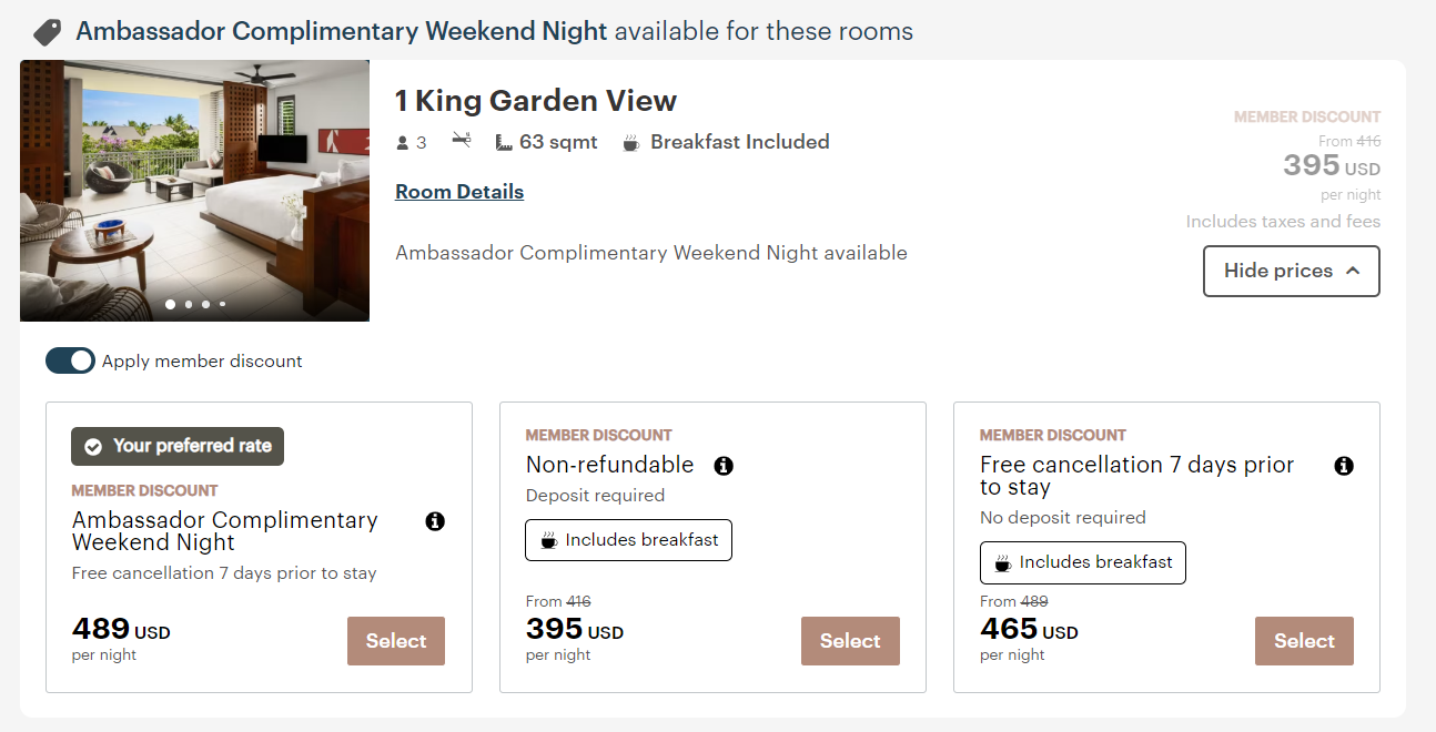 InterContinental Ambassador weekend night cost in cash