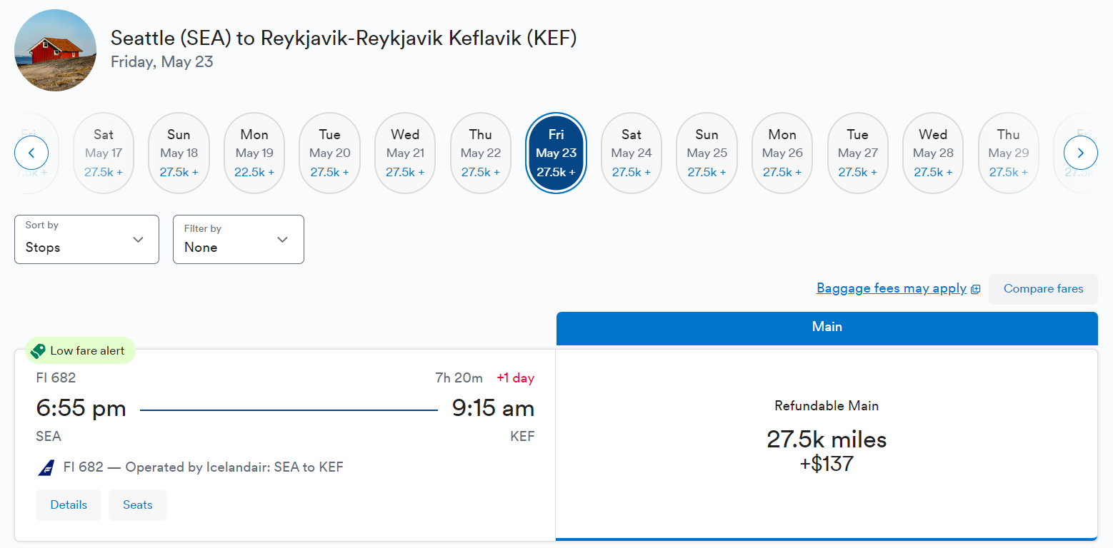 Cash and points cost of a roundtrip flight from Seattle to Reykjavik