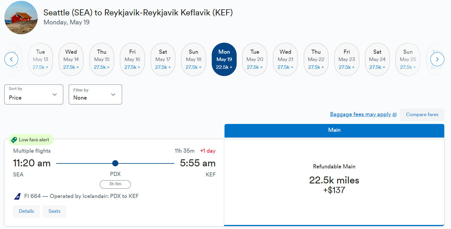 Cash and points cost of a roundtrip flight from Seattle to Reykjavik