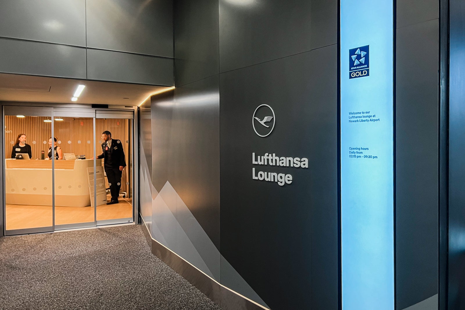 The entrance of the Lufthansa Lounge at Newark Liberty International Airport