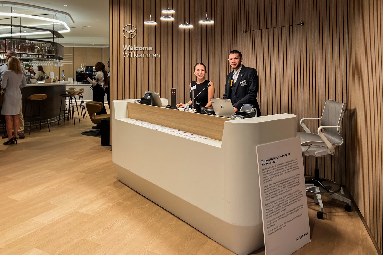 Welcome desk of Lufthansa lounge at Newark Liberty International Airport