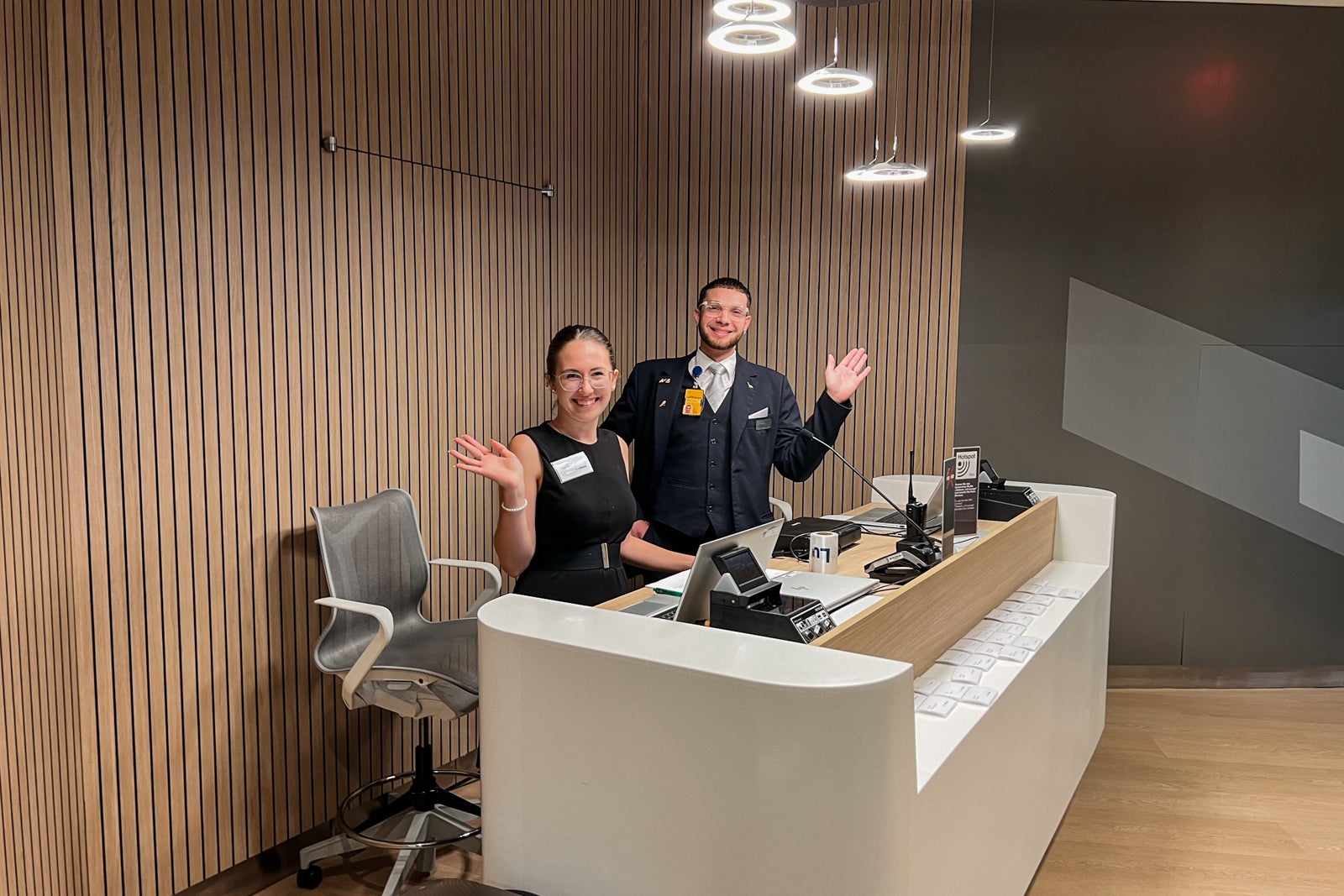 Front desk of Lufthansa lounge at Newark Liberty International Airport