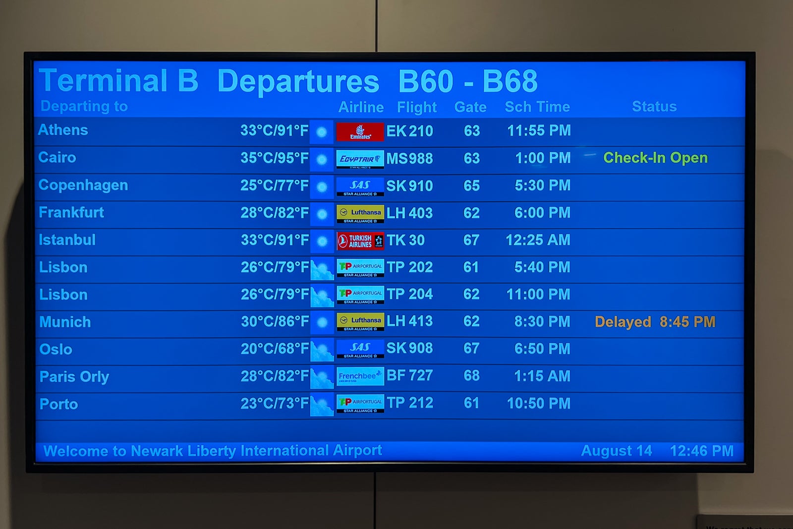 Departures board at Newark Liberty International Airport