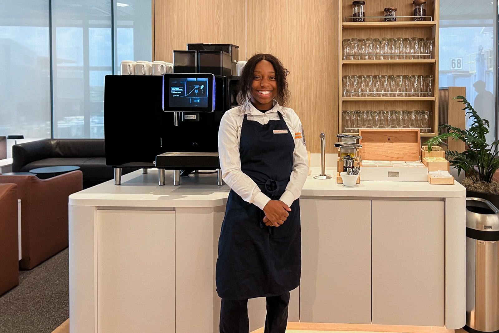 The barista station at the Lufthansa lounge of Newark Liberty International Airport