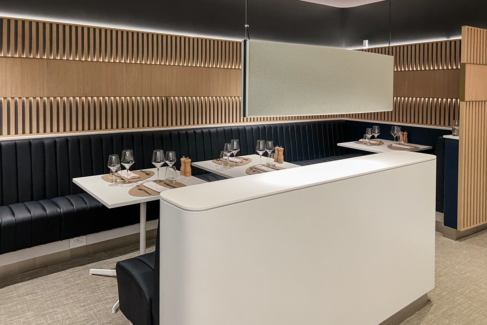 Dining area of Lufthansa lounge at Newark Liberty International Airport