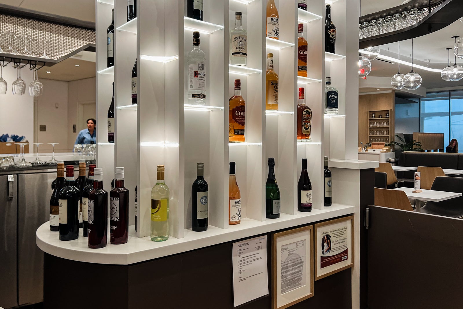 Display of liquors at the Lufthansa lounge at Newark Liberty International Airport