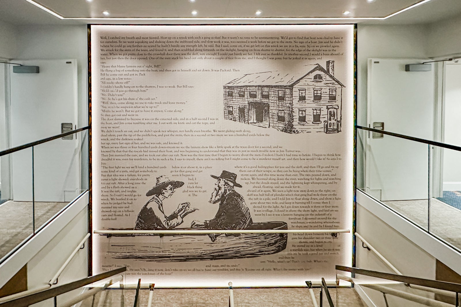 A cruise ship stairwell with an excerpt from Mark Twain books