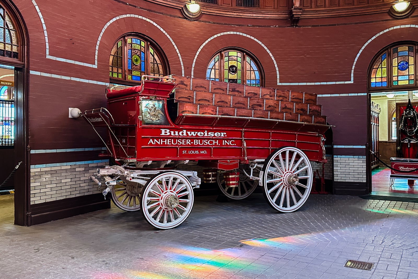 The original Budweiser wagon parked in the stables at the Anheuser-Busch brewery