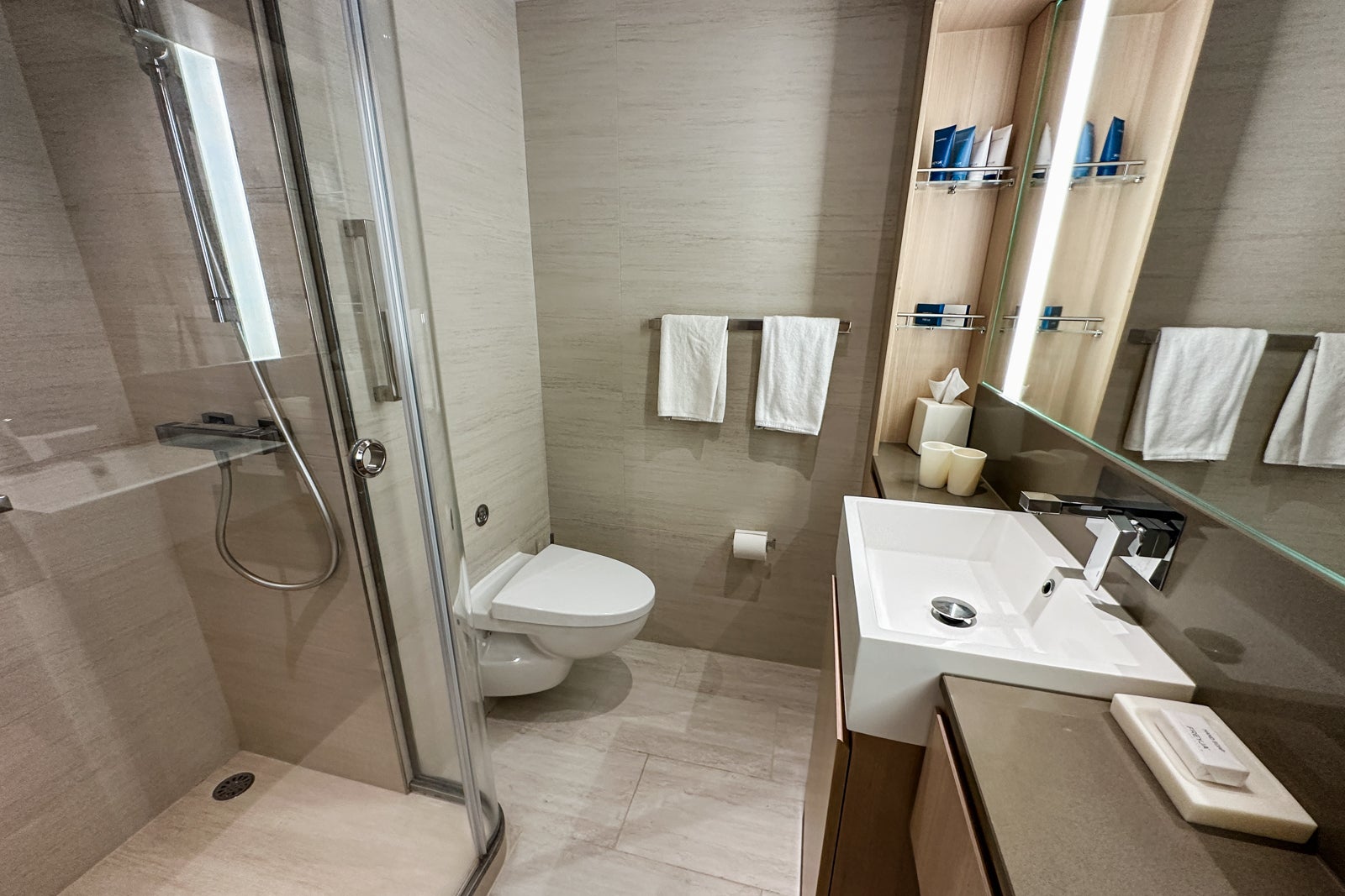 A cruise cabin balcony with a toilet, sink and enclosed shower