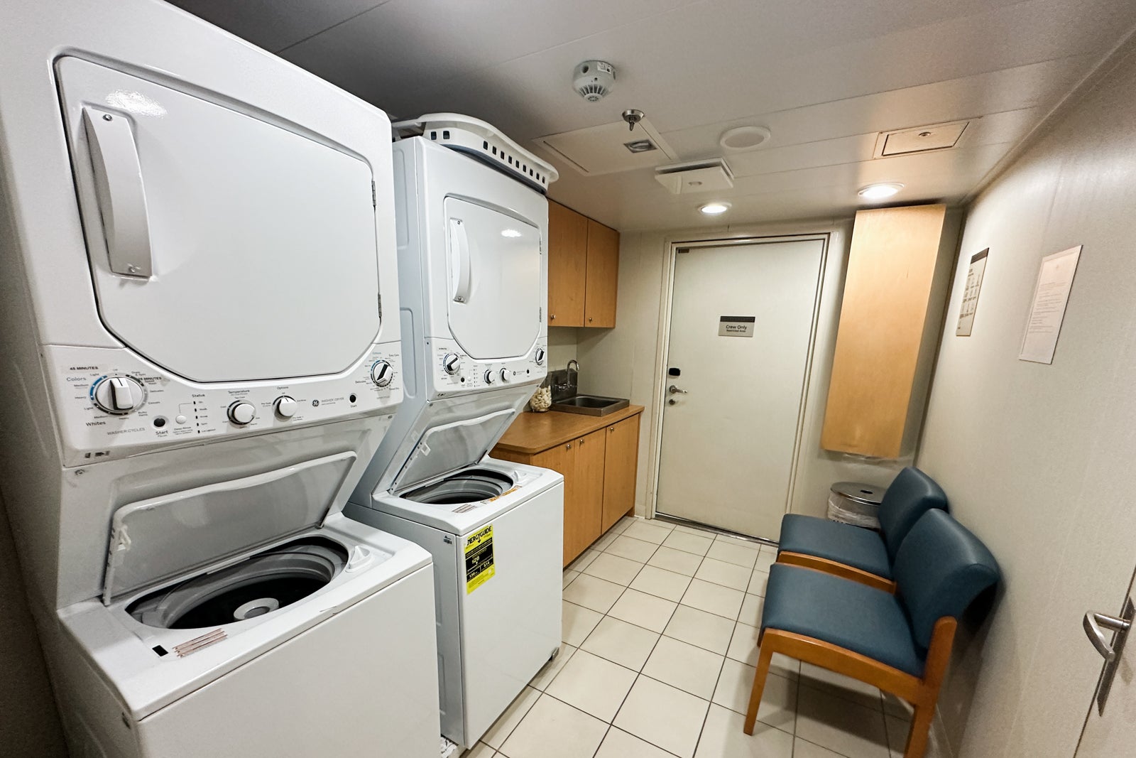 A cruise ship self-service laundry room