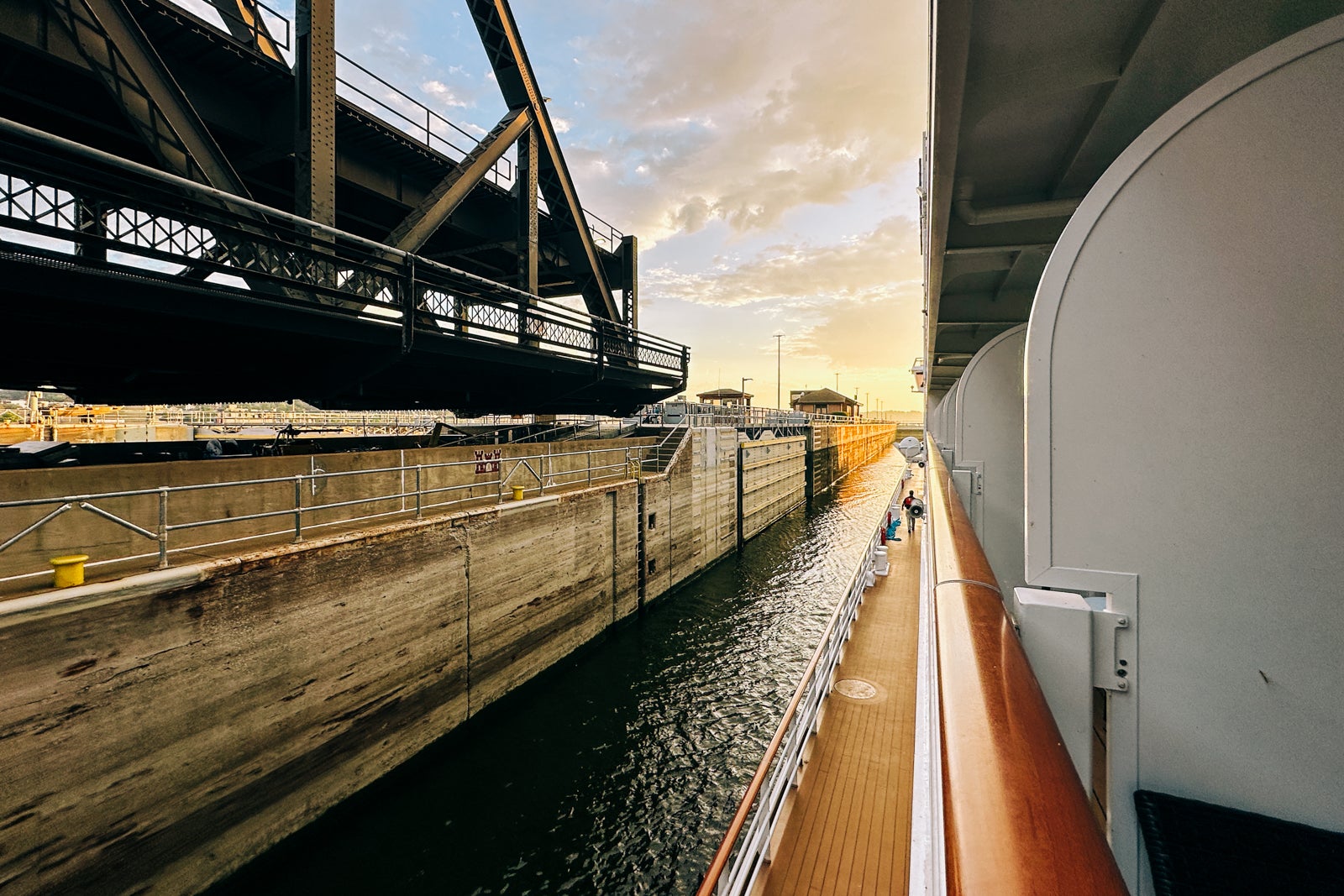 A cruise ship navigating a lock along the Mississippi River