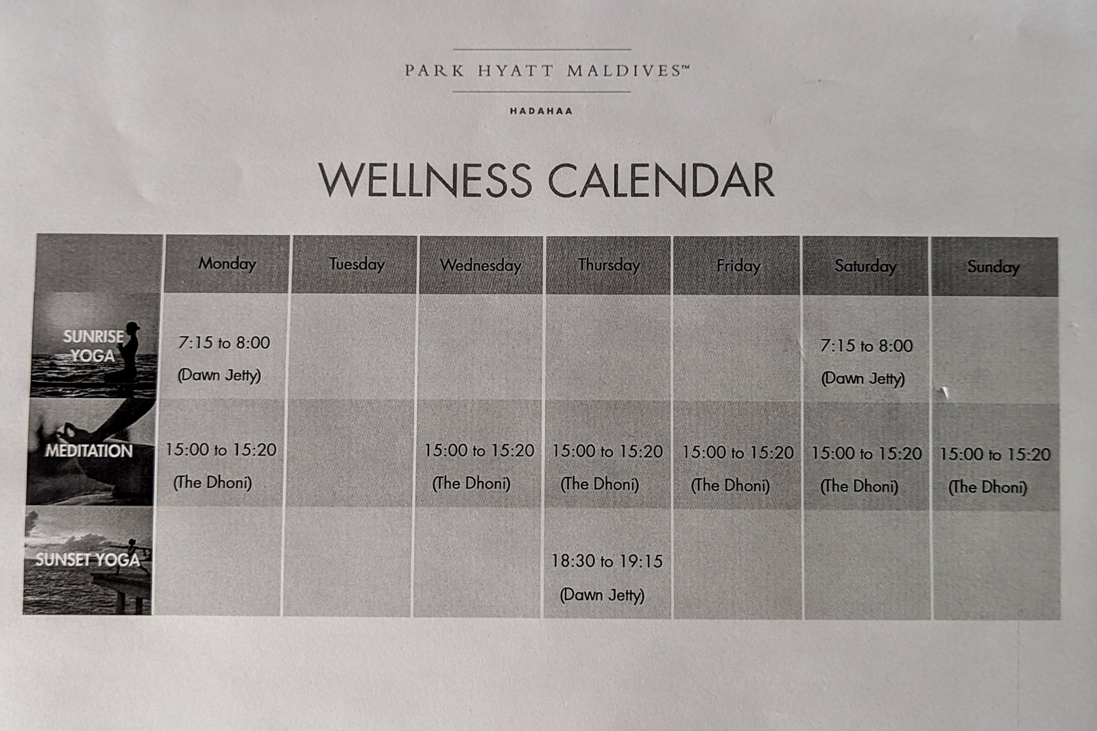 Park Hyatt Maldives wellness calendar