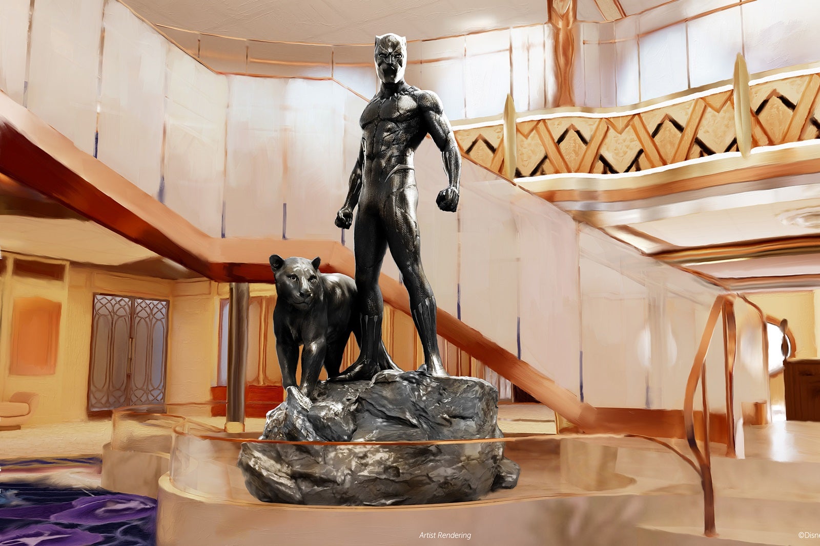 A rendering of the Black Panther in the Disney Destiny atrium