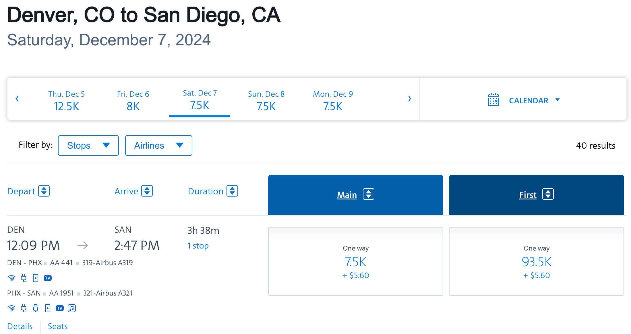Cost in points of a flight from Denver to San Diego on American Airlines