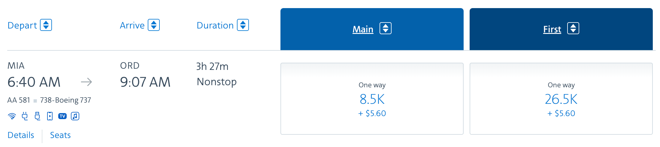 MIA-ORD American flight in AAdvantage miles