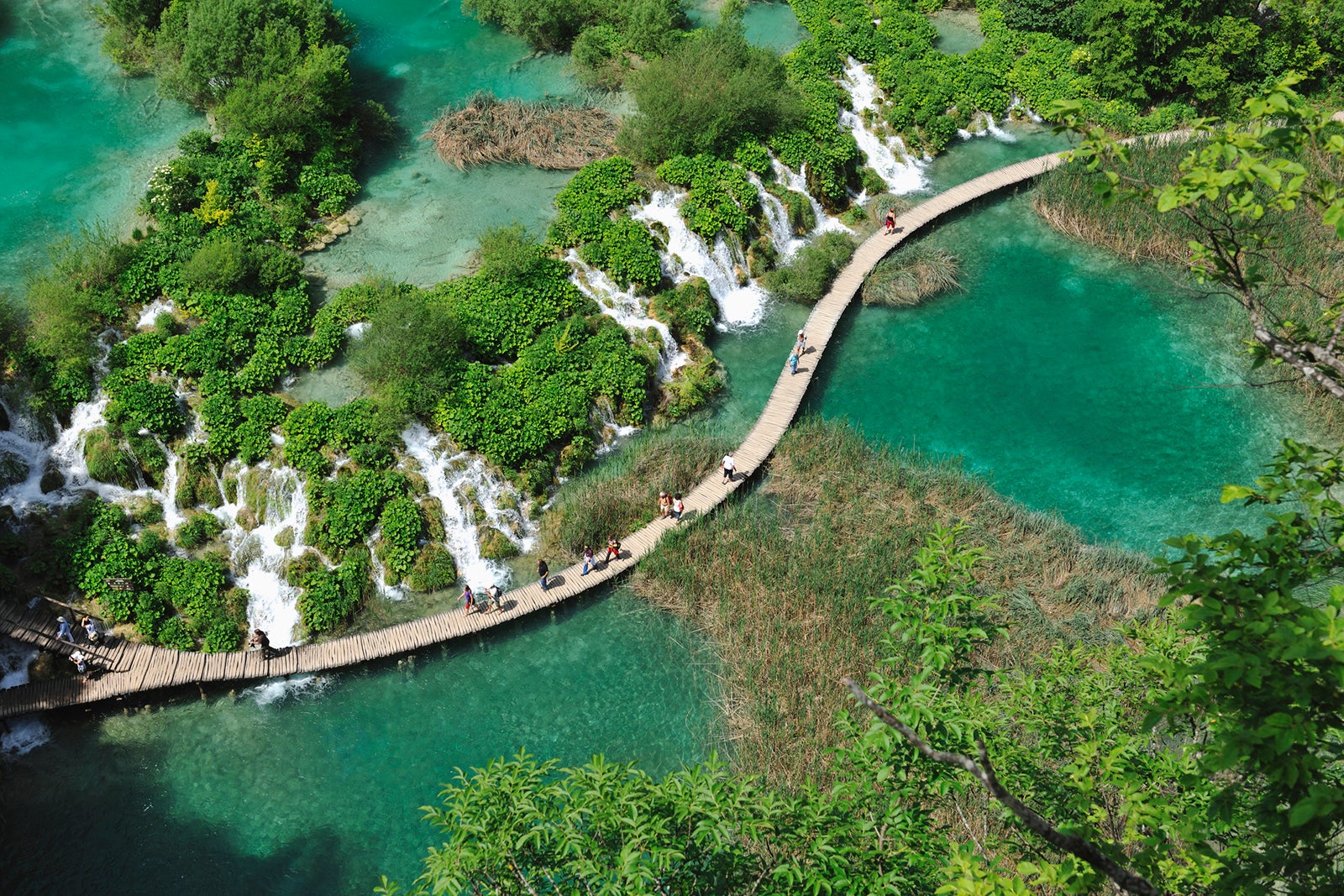 aerial view of waterfalls and lakes at Plitvice Lakes National Park in Croatia