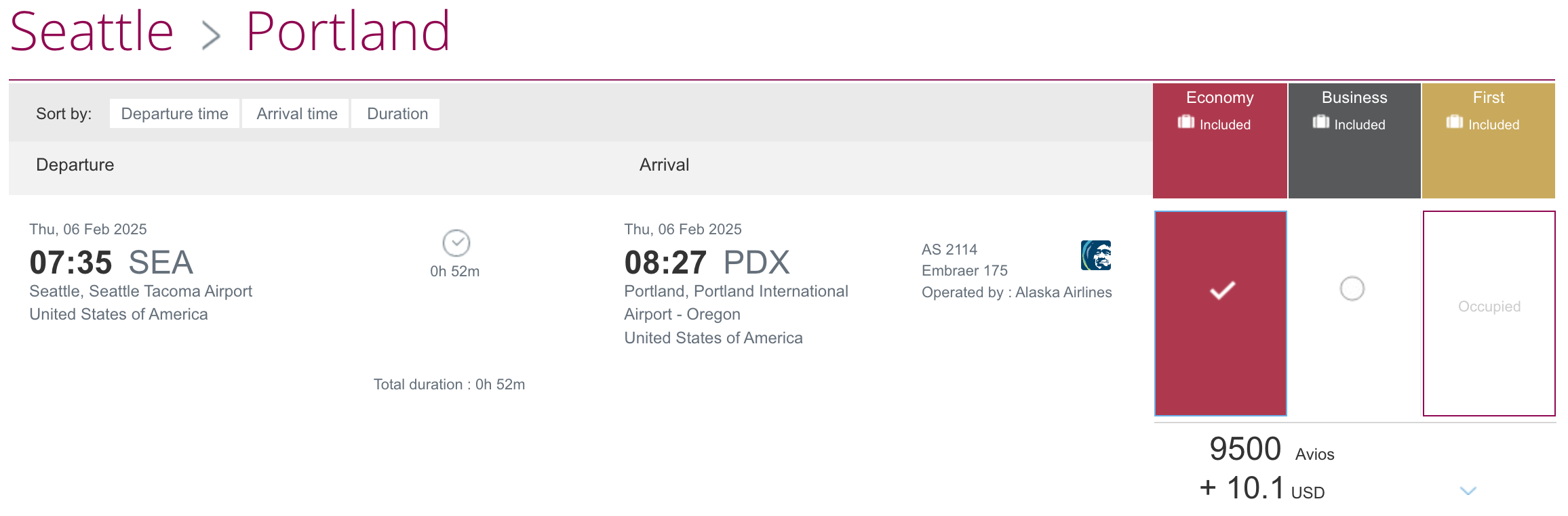 Alaska SEA-PDX flight in Avios on Qatar's site