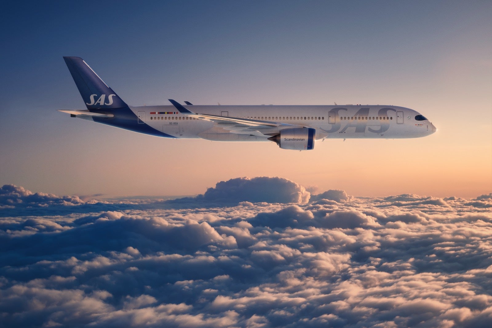 Scandinavian Airlines jet flying at sunrise