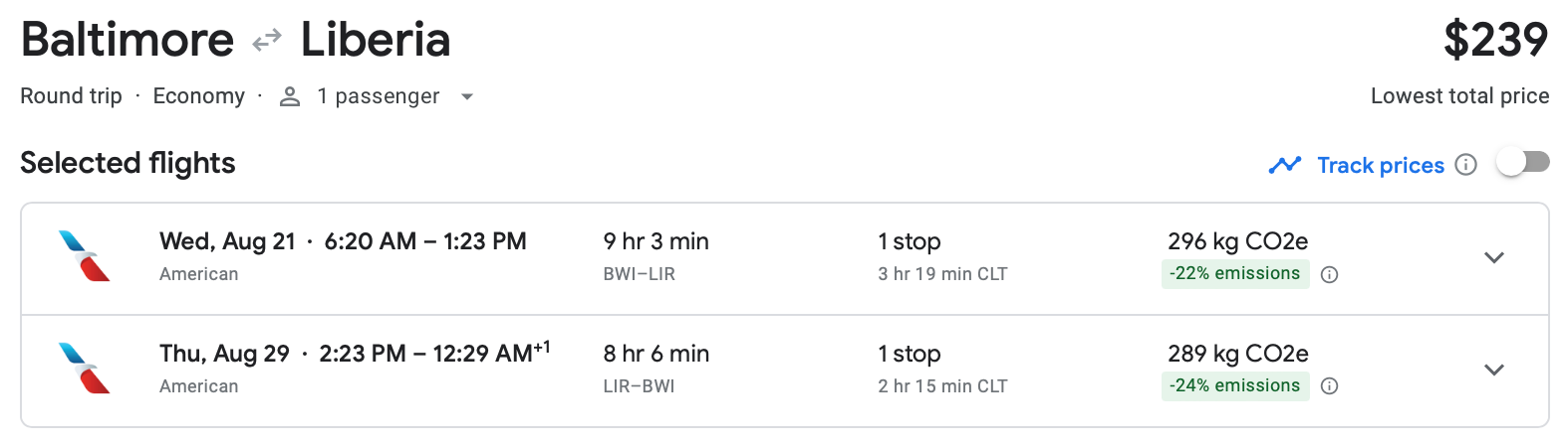 Cost of a roundtrip flight from Baltimore to Liberia, Puerto Rico on American Airlines