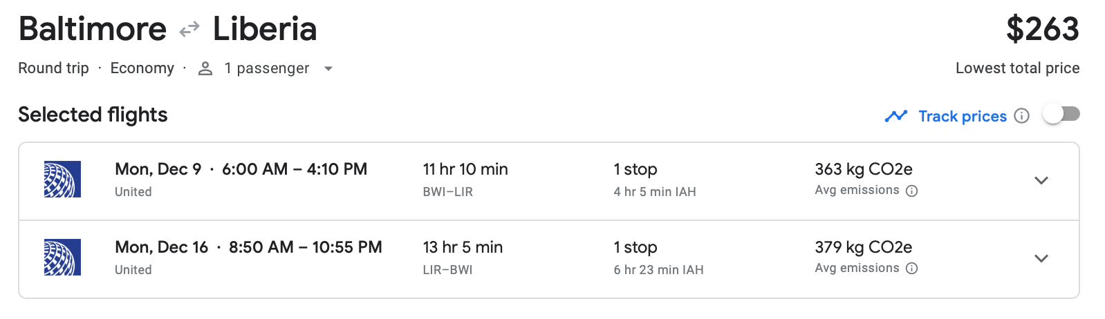 Cost of a roundtrip flight from Baltimore to Liberia, Puerto Rico on United Airlines