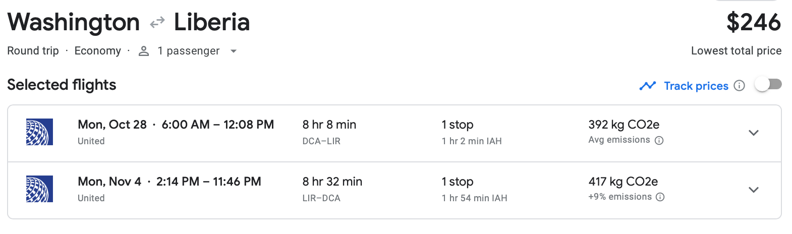 Cost of a roundtrip flight from Washington D.C. to Liberia, Puerto Rico on United Airlines