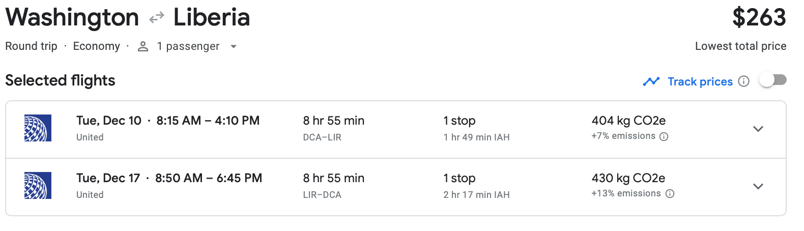 Cost of a roundtrip flight from Washington D.C. to Liberia, Puerto Rico on United Airlines