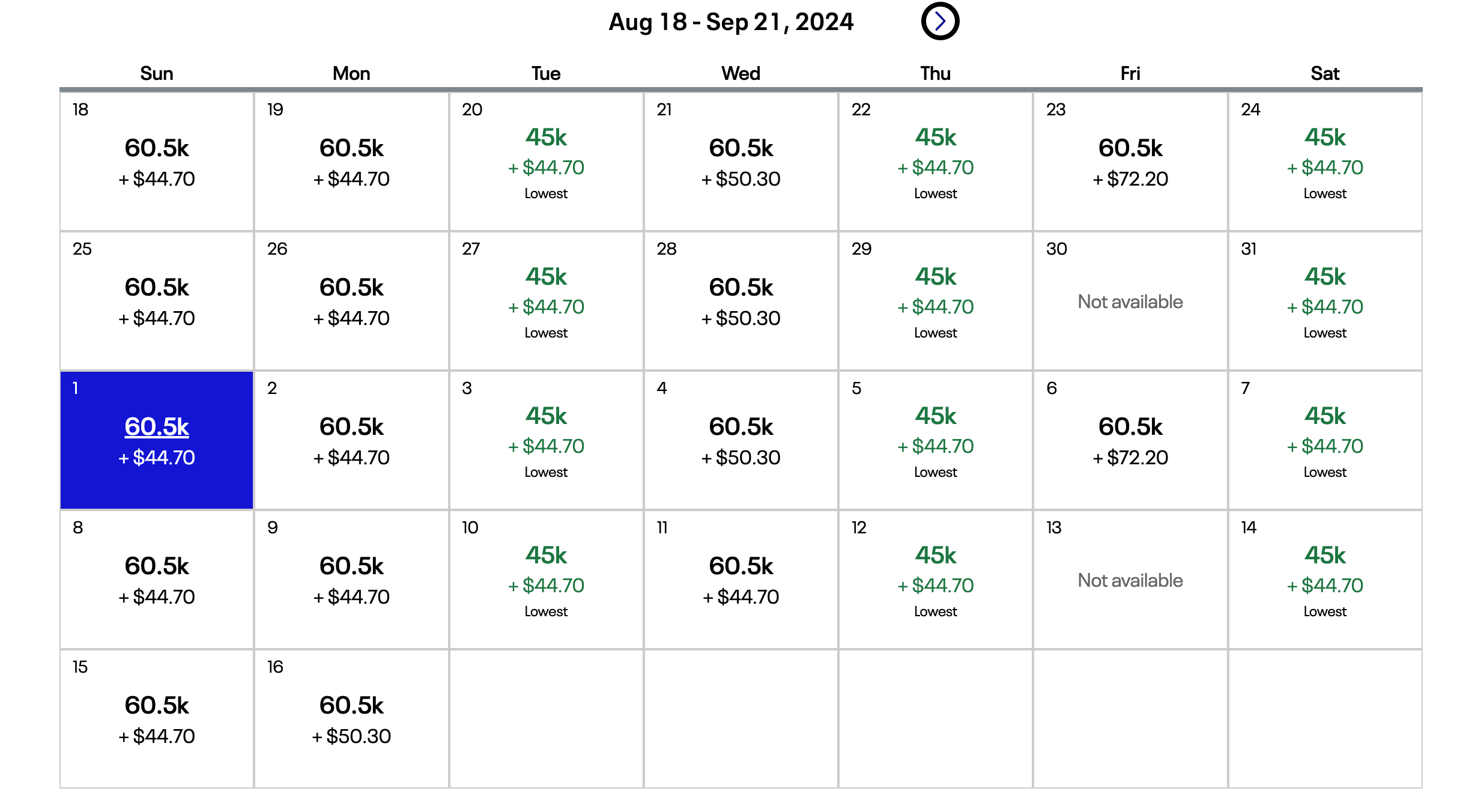 points fare calendar