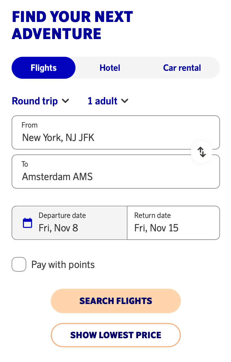 Screenshot of Scandinavian Airlines flight search tool