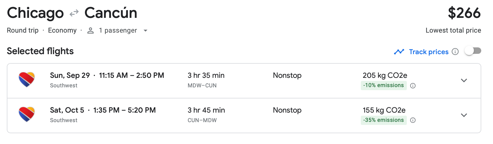 Cost of a roundtrip flight from Chicago to Cancun on Southwest