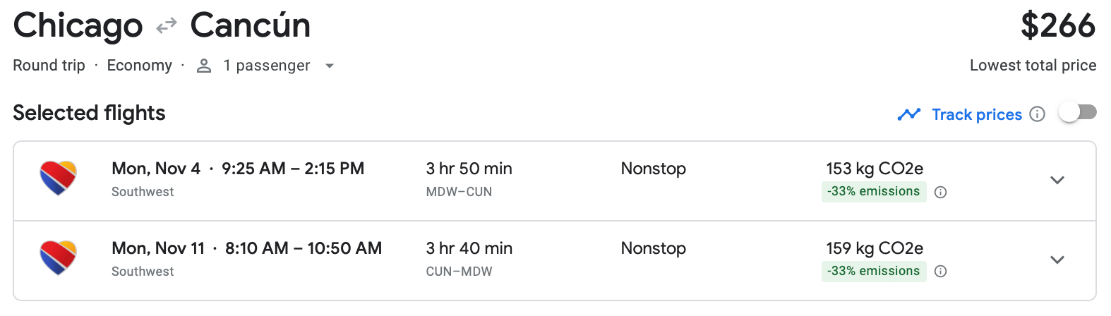 Cost of a roundtrip flight from Chicago to Cancun on Southwest