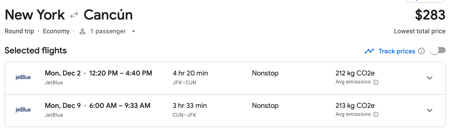 Cost of a roundtrip flight from New York City to Cancun on JetBlue