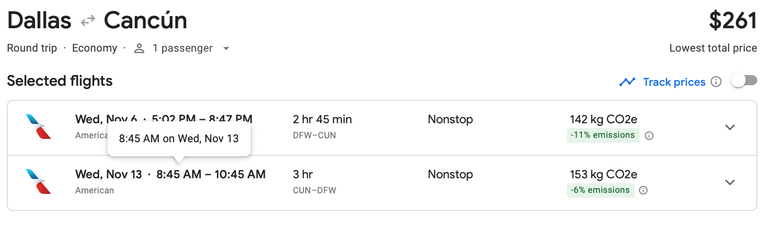 Cost of a roundtrip flight from Dallas to Cancun on Southwest