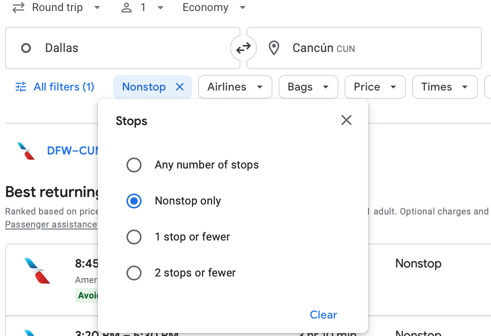 Screenshot of the nonstop filter on Google Flights