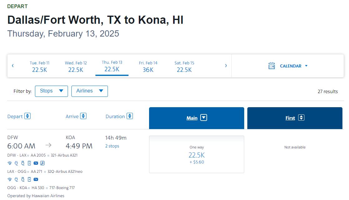 Cost of a one-way American Airlines flight from Dallas/Fort Worth to Kona 