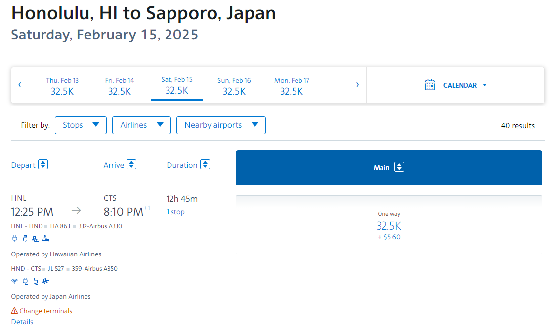 Cost of a one-way American Airlines flight from Honolulu to Sapporo, Japan