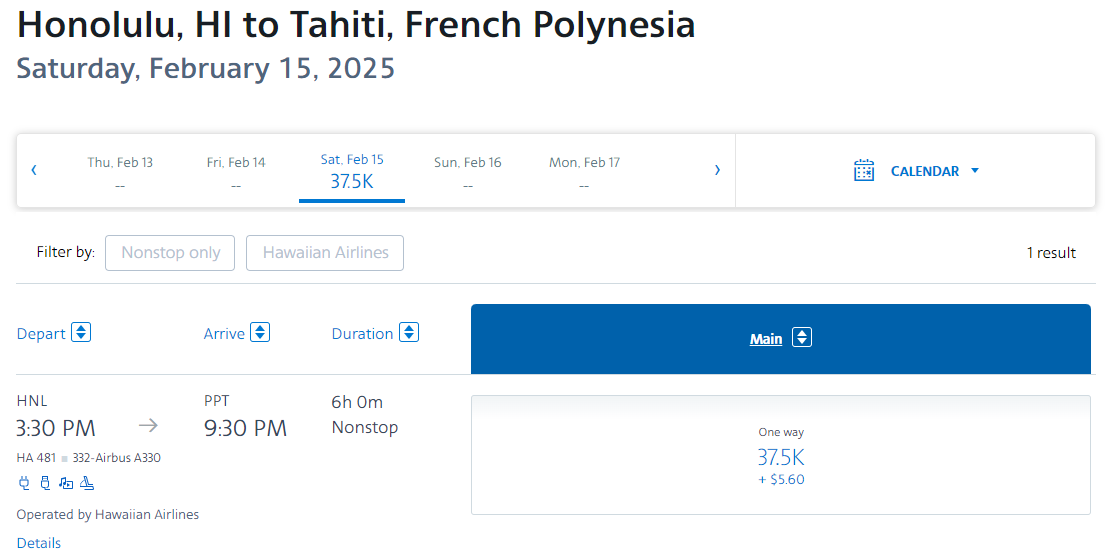 Cost of a one-way American Airlines flight from Honolulu to Tahiti